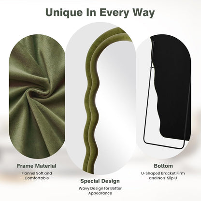 Full Length Mirror 63"x24" Arched Wavy Full Body Wall Mounted Floor Mirror with Stand Green Flannel Frame Leaning Hanging Wall Mirror for Bedroom Entrance Hallway