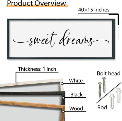 SRSZHIYUE Sweet Dreams Above Bed Wall Decor, 40"x15" Large Rustic Master Bedroom Over Bed Sign Guest Room Couples Wood Framed Farmhouse Horizontal Hanging Decoration (Black)