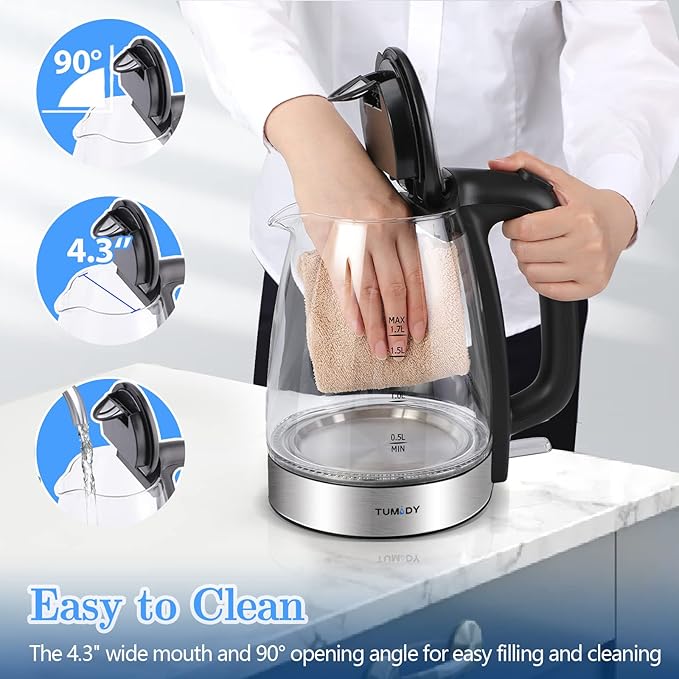 Glass Electric Kettle,1.7L Hot Water Boiler LED Lights, Comfy Touch Handle Wide Opening Cordless Tea Heater for making Tea Coffee (12872)