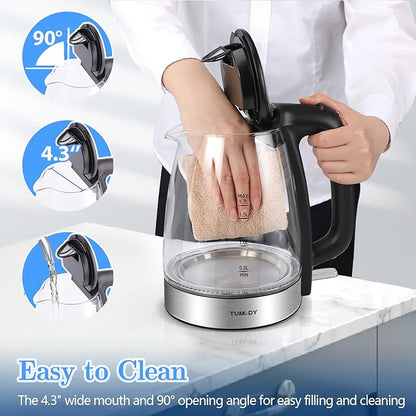 Glass Electric Kettle,1.7L Hot Water Boiler LED Lights, Comfy Touch Handle Wide Opening Cordless Tea Heater for making Tea Coffee (12872)