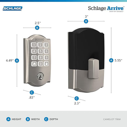 Schlage Arrive WiFi Deadbolt Smart Lock, Keyless Entry Door Lock with Camelot Trim, Satin Nickel, Compatible with Alexa and Google, BE459WB CAM 619