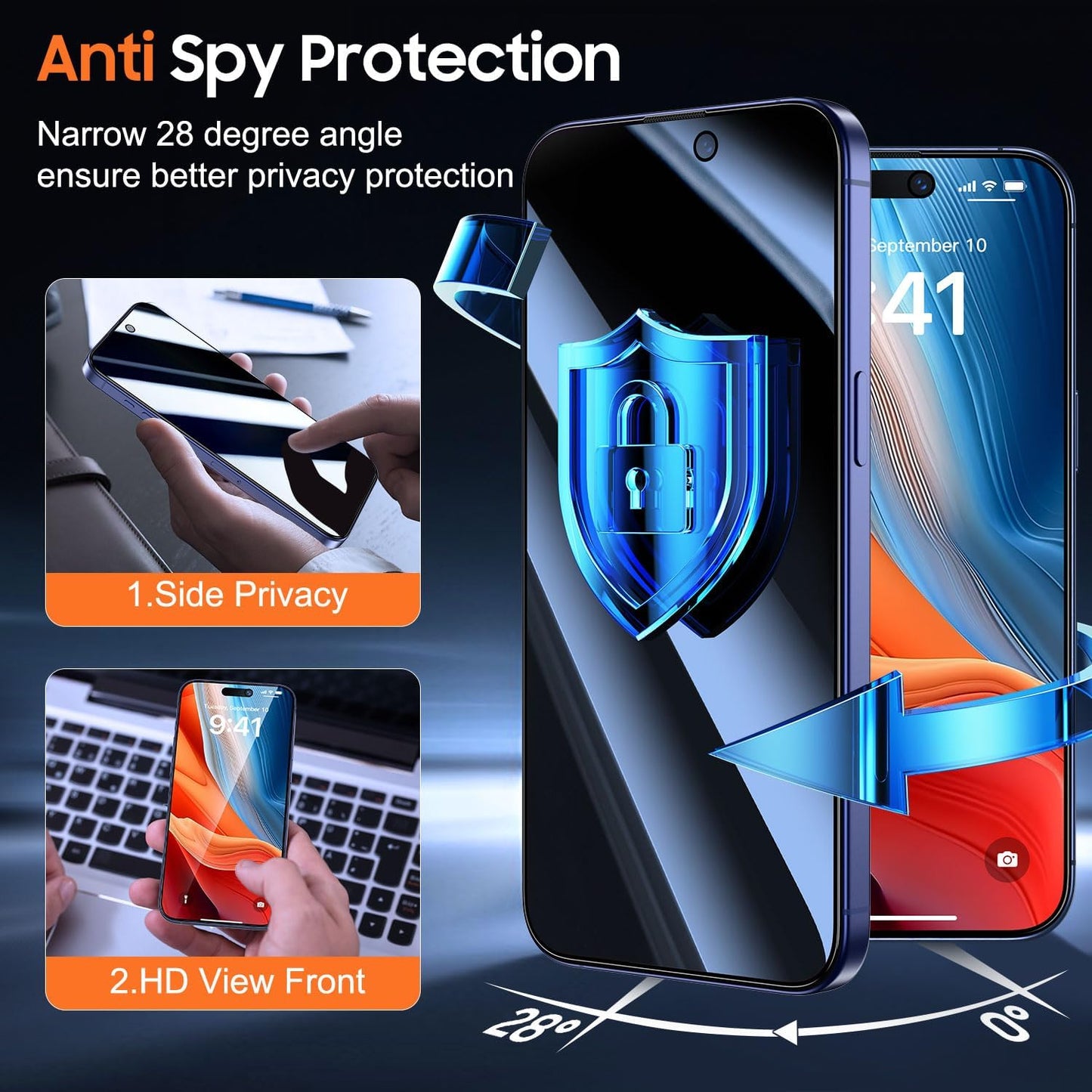 UniqueMe for iPhone 15 Plus / 16 Plus Privacy Screen Protector - [Military Grade Shatterproof & 9H+ Hardness] Tempered Glass Full Coverage Protection,Easy to install,2 Packs