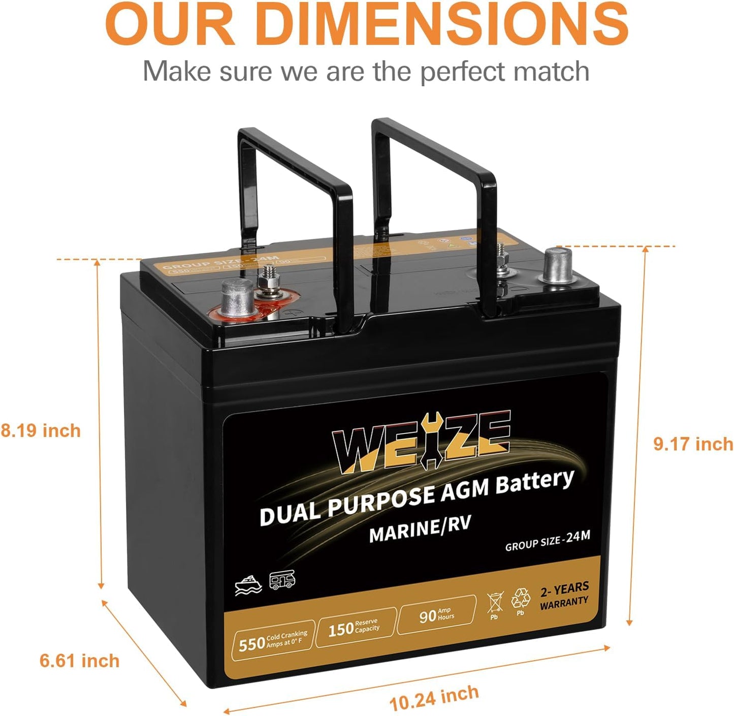 Weize Dual Purpose AGM Battery BCI Group 24M, Starter & Deep Cycle 150RC 550CCA 12V 90AH Sealed Marine & RV Battery