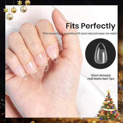 Beetles Gel Nail Tips 576Pcs Pre-shape Short Almond Etch-X Nail Tips,12 Sizes Soft Acrylic False Nail Tips Half Matte Full Cover Easy DIY Press On Nail Extensions Art Salon Gift Set for Women