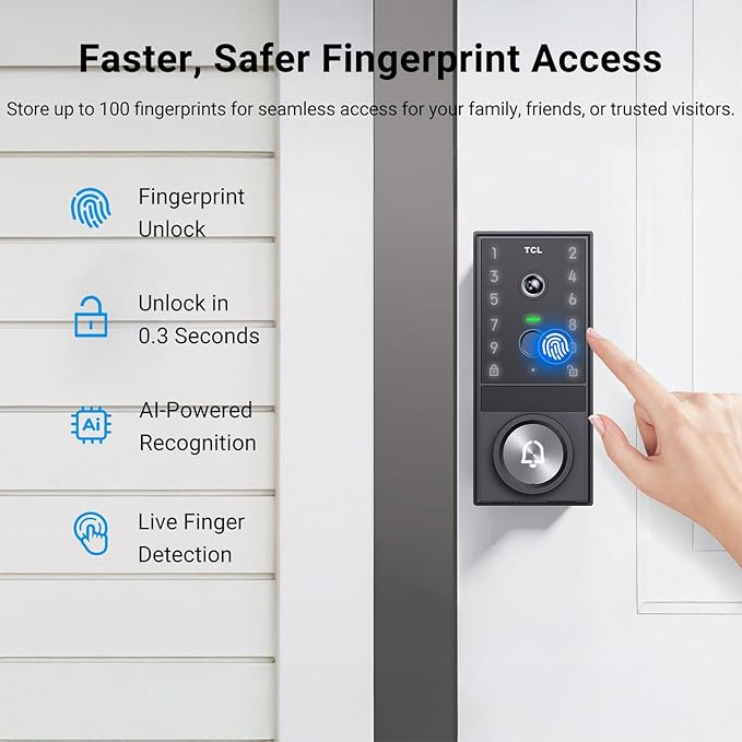 TCL Video Smart Door Lock D1 Max, 3-in-1 2K Camera+Doorbell+Fingerprint Door Lock, Built-in Wi-Fi Deadbolt for Front Door, Keyless Entry, Auto Lock, App Remote Control, Easy Installation (Black)
