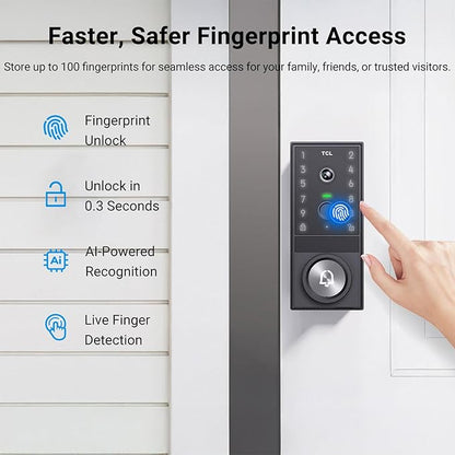 TCL Video Smart Door Lock D1 Max, 3-in-1 2K Camera+Doorbell+Fingerprint Door Lock, Built-in Wi-Fi Deadbolt for Front Door, Keyless Entry, Auto Lock, App Remote Control, Easy Installation (Black)