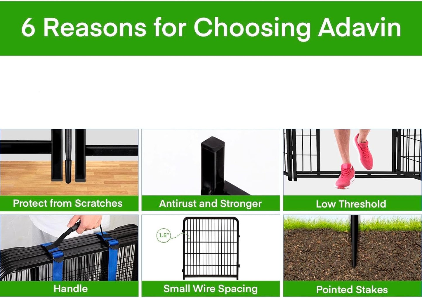 ADAVIN Garden Fence Panels, 36 Inch High, Black, Modern Style, 8 Panels Total 17.7 Ft(L) Tall, Low Threshold Door, Anti-Dig Fence Barrier