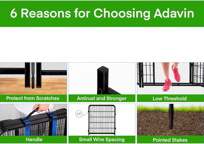 ADAVIN Garden Fence Panels, 36 Inch High, Black, Modern Style, 8 Panels Total 17.7 Ft(L) Tall, Low Threshold Door, Anti-Dig Fence Barrier