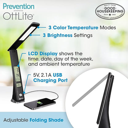 Prevention by OttLite LED Task Adjustable Lamp with Digital Display - Designed to Reduce Eyestrain - Adjustable Neck, 3 Color Modes & USB Charging - Crafting, Office Work, Reading & Studying