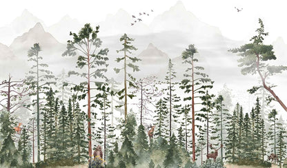 Animals Forests Birds Nature Landscapes Wall Mural, Hazy Mountains Wallpaper for Interior Background Wall Decoration（Not Peel and Stick）