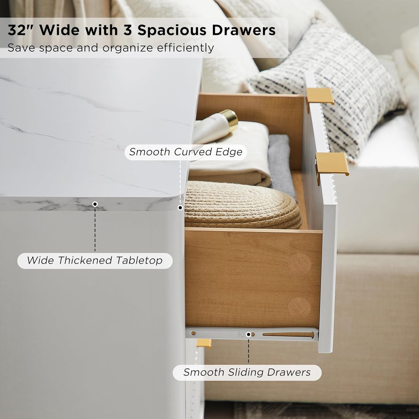 T4TREAM 32" Tall Fluted Nightstand Set of 2, Modern Side Table with Faux Marble Top, 3 Drawers End Table w/Storage, Bedside Table for Bedroom, Living Room, Curved Profile Design, Solid White