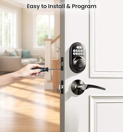 Veise Keyless Entry Door Lock with 2 Lever Handles - Electronic Keypad Deadbolt, Auto Lock, Back Lit & Easy Installation Design, Front Door Handle Sets, Matte Black