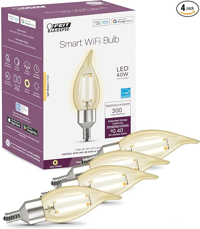 Feit Electric Vintage Flame Tip Smart WiFi LED Bulb, E12 Candelabra Base, 40W Eq. (3.3W), 2700K Soft White, Clear Filament, Dimmable, No Hub Required, 2.4GHz Only, CFC40/927CA/FIL/AG/4, 4 Pack