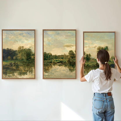 Tinonedraw Vintage Nature Framed Canvas Wall Art Set of 3, French Country Wall Decor, Olive Green Trees Art Paintings, Rustic Landscape Farmhouse Art Prints for Living Room Bedroom Office 24"x36"x3