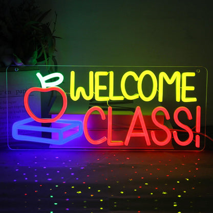 Welcome Class Neon Sign Student Classroom Neon Lights Apple Book LED Signs for Wall Colorful Back to School Wall Art Neon Light Up Signs for Classroom School Opens Party Decorations