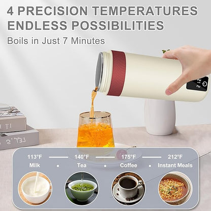 Portable Electric Kettle, 450ML Mini Hot Water Boiler Heater, Travel Kettle with 4 Temperature Settings, 304 Stainless Steel Portable Bottle Warmer with Auto Shut-Off & Boil-Dry Protection
