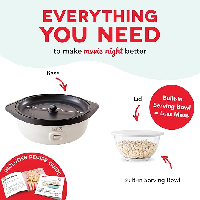Dash SmartStore® Stirring Popcorn Maker - Electric Popcorn Machine with Butter-Melting Tray & Clear Serving Bowl - Features Stirring Bar - 24 Cups, White