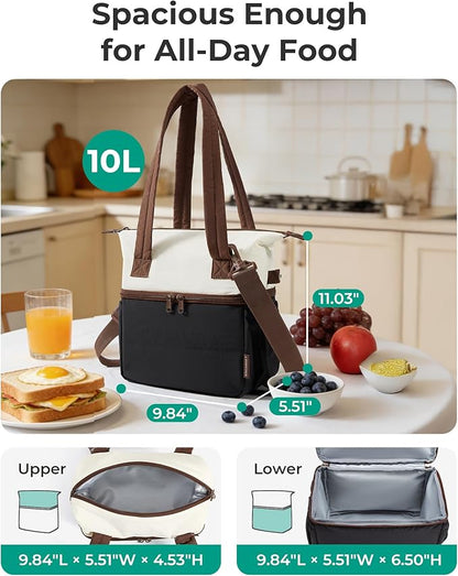 BAGSMART Double Deck Lunch Bag Women, Insulated Reusable Lunch Box, Quilted Puffer Lunch Tote with Shoulder Strap, Durable Large Lunch Cooler For Work Picnic Travel Meal Prep Flight, Camel