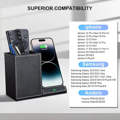 Wireless Charger with Desk Organizer, Wireless Charging Station for iPhone 13/13 Pro Max/13 Pro/12 Series/11/XS Max/XR/X/8Plus/SE 2, Wireless Charging Stand with Leather… (Black S)