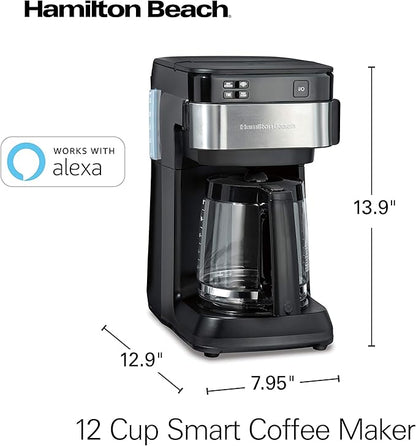Hamilton Beach Works with Alexa Smart Coffee Maker, Programmable, 12 Cup Capacity, Black and Stainless Steel (49350R)