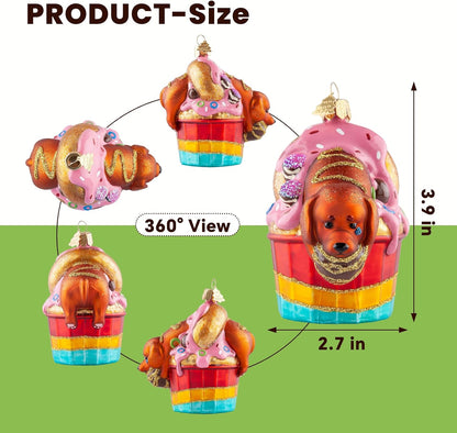 Dog Christmas Tree Ornaments,Hand-Blown Glass Ornaments,Cupcake Collection Figurine Hanging Ornaments,Dachshund Dog Christmas Ornament for Animal Lovers Party Holiday Home Decorations Gifts