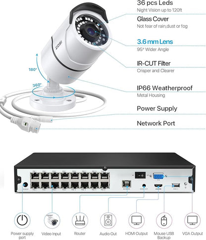 ZOSI 4K 16CH PoE Security Camera System with Hard Drive 4TB and 10pcs 5MP Outdoor Indoor PoE IP Surveillance Cameras,H.265+ 16 Channel 8MP CCTV NVR,120ft Night Vision,Remote Access,24/7 Recording
