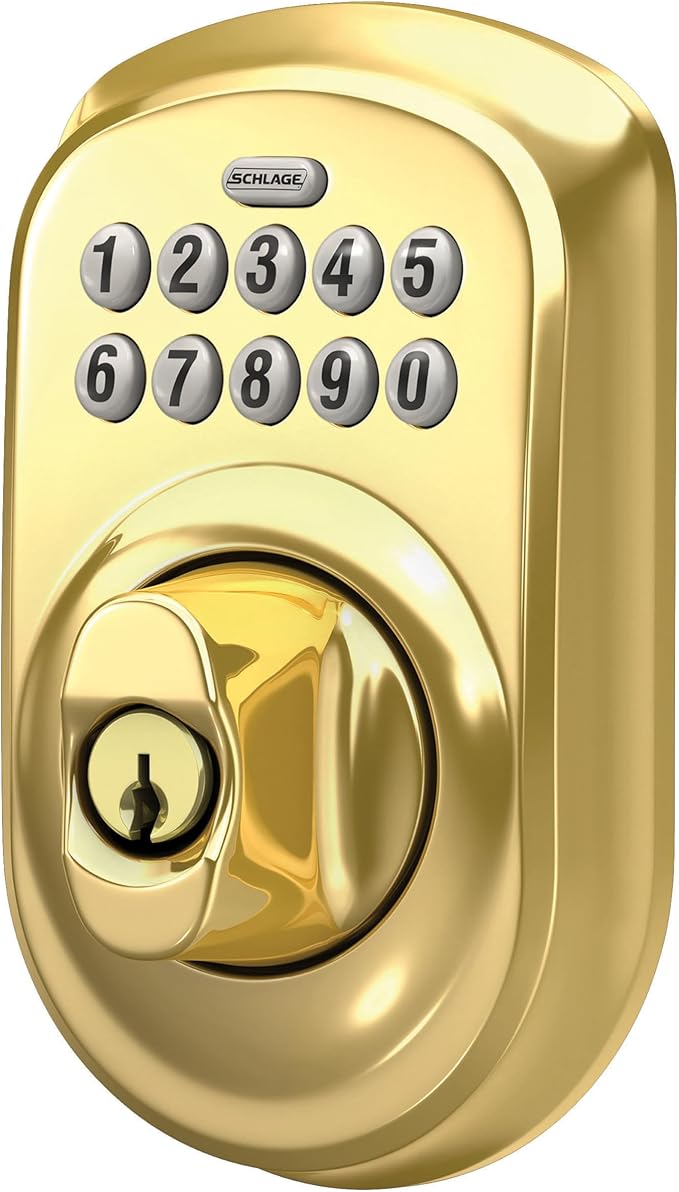 Schlage BE365 V PLY 505 Plymouth Keypad Deadbolt, Electronic Keyless Entry Lock, Bright Brass