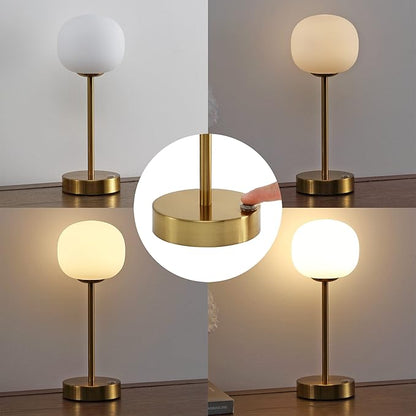 JONATHAN Y 12.25" Brass Gold/White Rechargeable Table Lamp, Modern Cordless LED Nightstand Lamp, White Glass Shade, Dimmable Portable Desk Lamp for Bedroom Living Room Dining (JYL7108C)