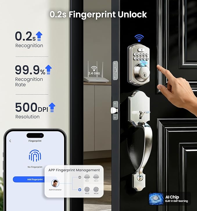 Veise VE012W-H WiFi Smart Front Door Lock Set, Built-in WiFi, App Remote & Voice Control, Fingerprint Keyless Entry Smart deadbolt with Handle, Backlit Keypad, Auto Lock, IP55 Waterproof, Satin Nickel