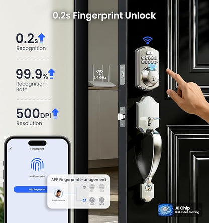 Veise VE012W-H WiFi Smart Front Door Lock Set, Built-in WiFi, App Remote & Voice Control, Fingerprint Keyless Entry Smart deadbolt with Handle, Backlit Keypad, Auto Lock, IP55 Waterproof, Satin Nickel