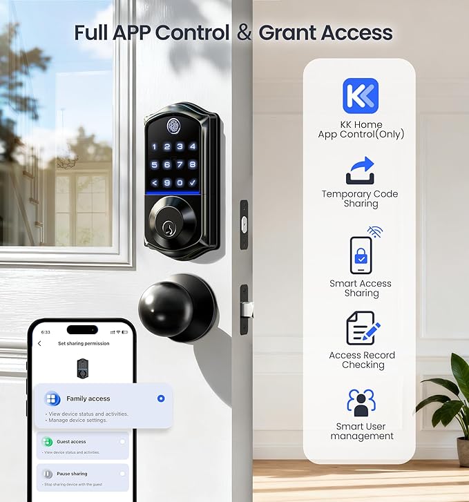 Veise VE017-K Fingerprint Smart Lock with 2 Knobs, App Control, Keyless Entry Front Door Lock Set, Electronic Touchscreen Keypad Deadbolt, Emergency Power Port, Easy Install, Auto-Lock, Matte Black