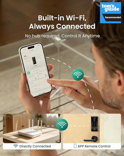 DESLOC D110 Plus Built-in Wi-Fi Smart Lock with 2 Lever Handles, Fingerprint Keyless Entry Door Lock Set, Touchscreen Keypad Deadbolt with Backlit, Remote Control, BHMA 3, IP54 Waterproof, Auto Lock
