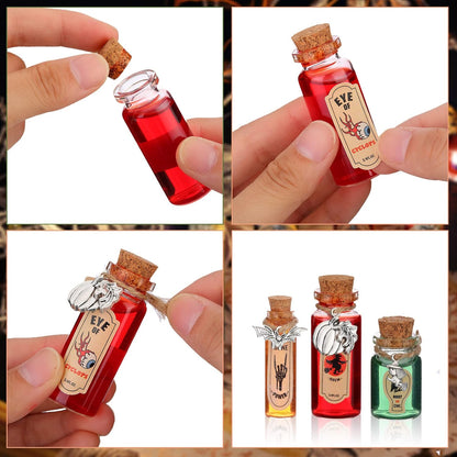 Newtay 53 Pcs Halloween Mini Potion Bottles Set Including 12 Decorative Glass Bottles with Cork Stoppers 20 Creepy Apothecary Bottle Labels Stickers 20 Charms Pendants 1 String (5/6/7/12 ML,Stylish)