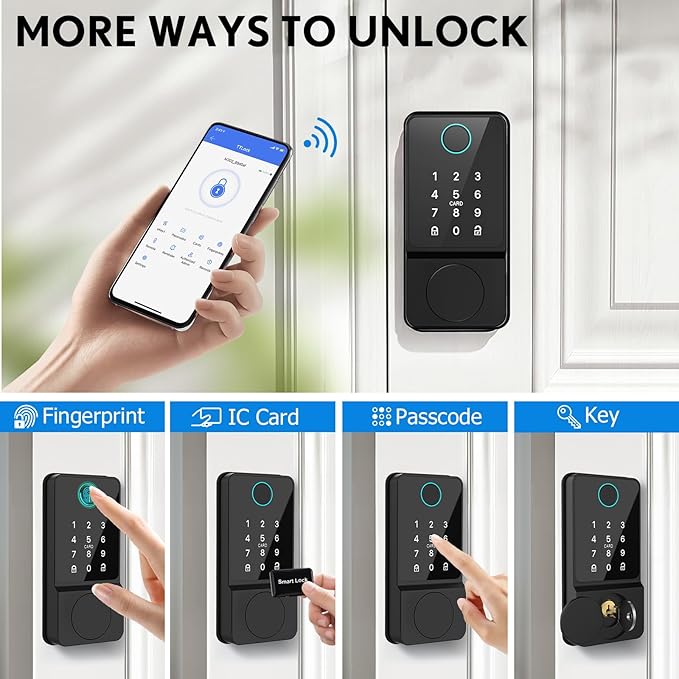 Smart Door Lock Keyless Entry with Fingerprint Touchscreen Keypad APP IC Card Key Type-C Charging Unlocking 6 In 1 Electric Biometric Digital Deadbolt for Front Doors Home Apartment Auto-Locking