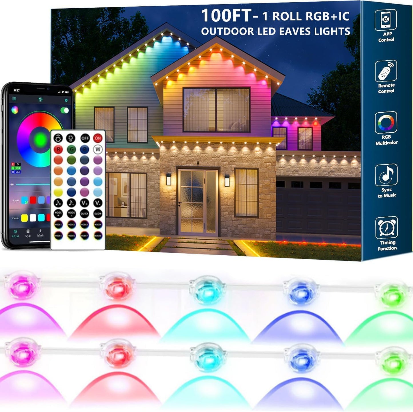 Permanent Outdoor Lights,100ft RGB + IC Smart LED Eaves Lights with App & Remote Control, IP67 Waterproof,for Christmas and All Holiday Decor,Daily and Accent Lighting,House Roof and Garden Lighting