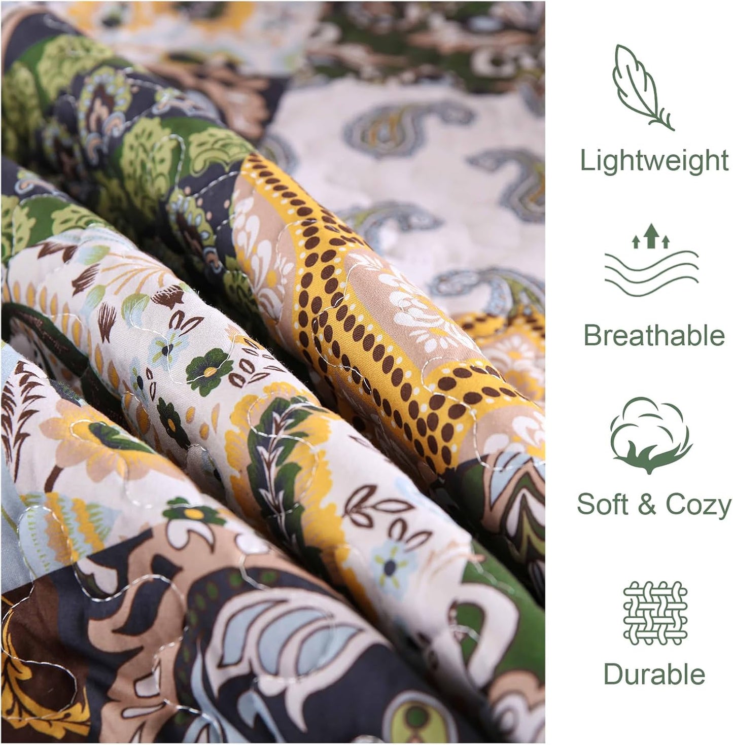 WONGS BEDDING Boho Quilt Set King Size, Plaid Patchwork Bedspread Bedding Set Soft Microfiber Quilt for King Bed Reversible 3 Pieces Coverlet Set for All Season (Brown Olive 104"x90")