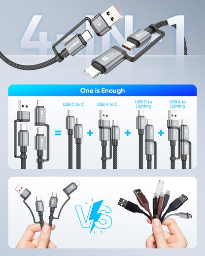 SUNGUY 4 in 1 Charging Cable 2FT [2 Pack], 60W Multi Charging Cable, USB-C/A to Lighting/C Cord for iPhone 16/15/14 Pro/iPad/MacBook/Samsung Galaxy S25/S24/Tablets