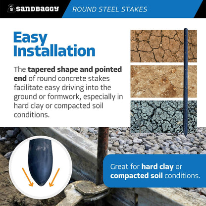 Sandbaggy Round Steel Concrete Form Stakes with Nail Holes - Rust Resistant Coating - Removable, Reusable (10, 3/4 in X 18 in)