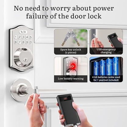 keyless Entry Door Lock deadbolt with Handle Set- Front Door Fingerprint Smart Locks with 2 Lever Handles-Keypad Code Deadbolt -App Control,Auto Lock,Easy to Install (Silver)