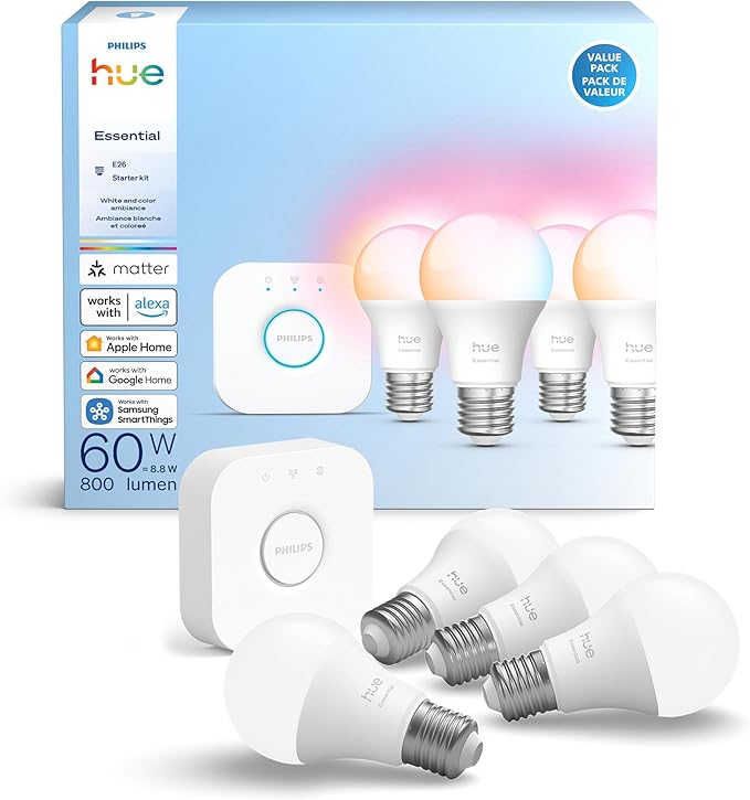 Philips Hue Essential Starter Kit: Bridge + 4 Essential E26 Smart Bulbs,White & Color Ambiance,2200K-6500K,Dimmable,Compatible with Alexa,Google,Samsung SmartThings,Apple Home