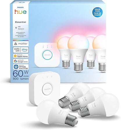 Philips Hue Essential Starter Kit: Bridge + 4 Essential E26 Smart Bulbs,White & Color Ambiance,2200K-6500K,Dimmable,Compatible with Alexa,Google,Samsung SmartThings,Apple Home