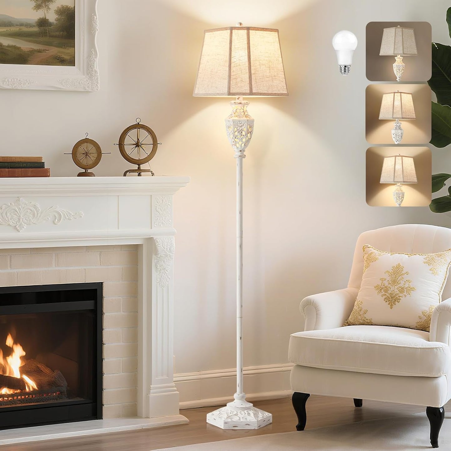 Luvkczc Rustic Floor Lamp - Resin Carved Base with Hollow Night Light, Farmhouse Cottage Decor, Vintage Standing Lamp for Living Room, Bedroom (Includes Bulb)