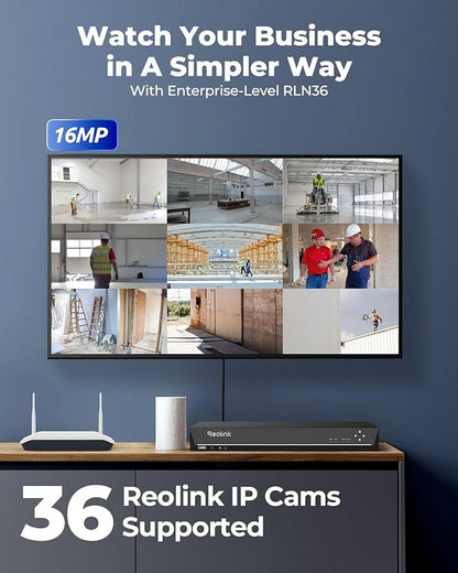 REOLINK 36CH Network Video Recorder for Home Security Camera System, Only Work with 16MP/12MP/4K/8MP/5MP/4MP REOLINK PoE Security Camera, Integrated O/I Alarm System, No HDD Included, RLN36