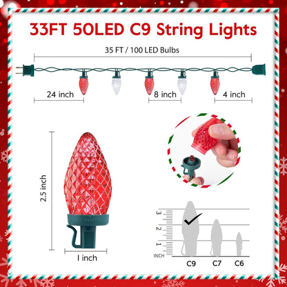 Brightown C9 LED Christmas String Lights, 33ft 50 LED Waterproof Strawberry String Lights, Extendable Green Wire Lights String for Outdoor Indoor Patio Party Decoration, Red