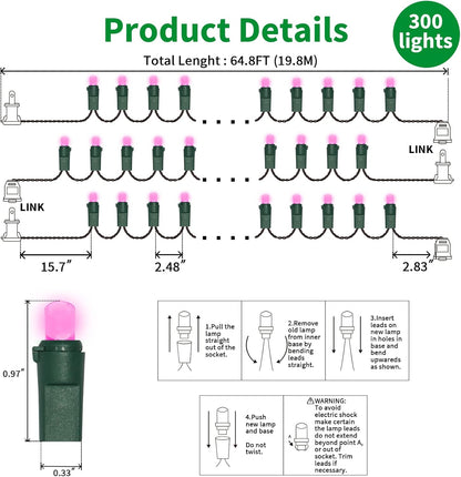 Pink Wide Angle LED String Lights, 64.8 Ft 300 Count, Pack of 3 Strands 21.9 Ft 100 Lights UL Certified Commercial Grade Green Wire 5mm Holiday String Light