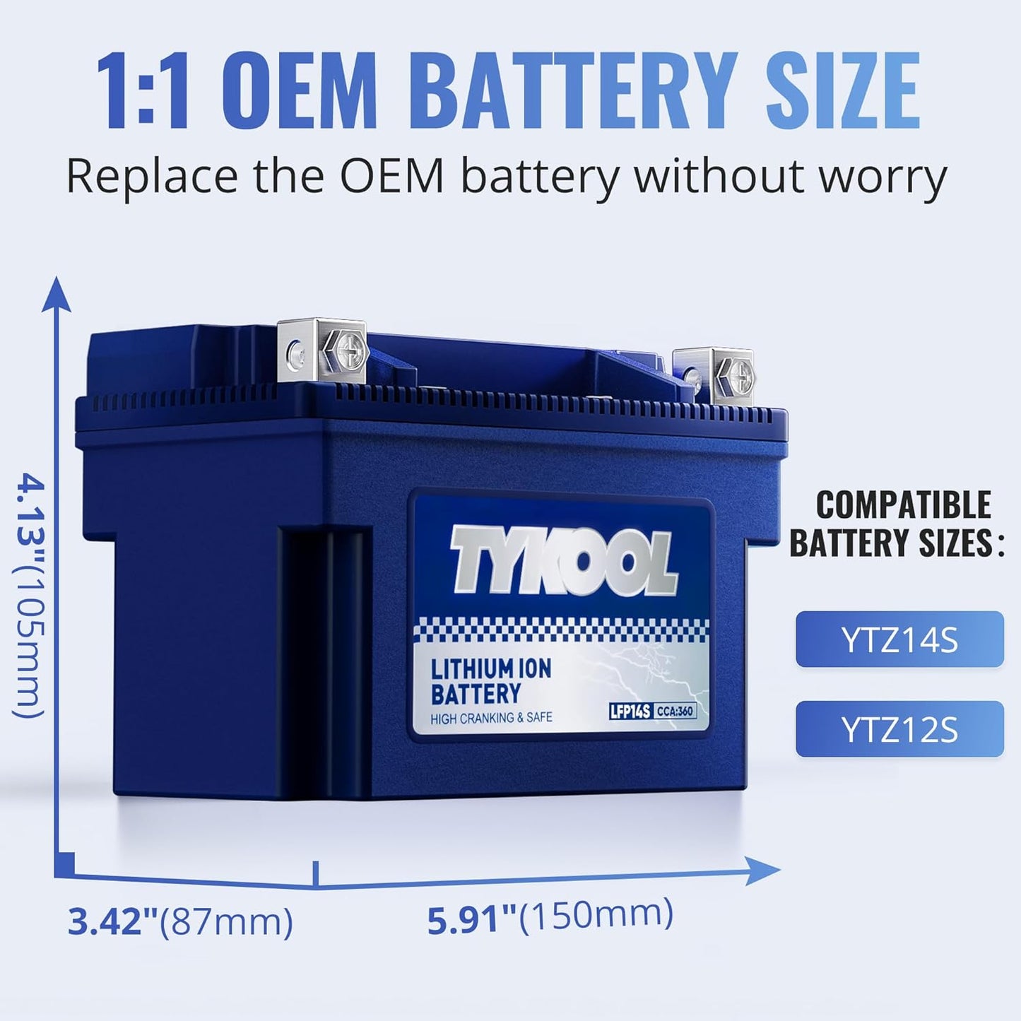 TYKOOL YTZ14S/YTZ12S High Performance Lithium LiFePO4 Motorcycle Battery,12V 6Ah,360CCA, Digital Readout, Built in BMS, Compatible for Large-displacement BMW,Hongda,KTM,Suzuki Motorcycles