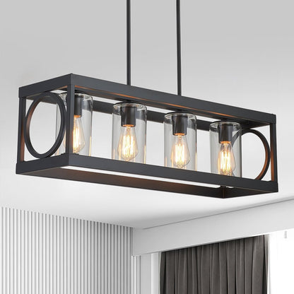 XINGQI Black Kitchen Island Light Fixtures Over Table, 31.5" Rectangular Linear Chandeliers Farmhouse Dining Room Pendant Ceiling 4-Light with Glass Lampshade for Living Room Bar Office