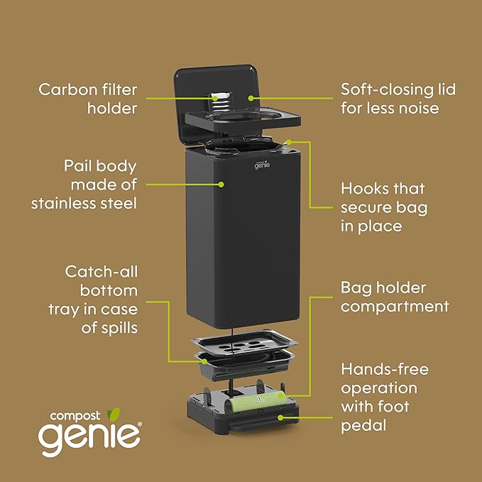 Kitchen Compost Bin, Black Stainless-Steel Large, 3.6 Gallon, Indoor Odorless Composting, Hands-Free, Washable Parts, Includes 8 Tear-Off Compostable Bags and 1 Carbon Filter