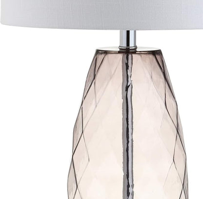 JONATHAN Y 26.5" Smoked Gray Glass Table Lamp, Modern Faceted Bedside Lamp, White Linen Drum Shade, Chrome Base, LED Bulb Included for Bedroom, Living Room, Nightstand JYL4009A