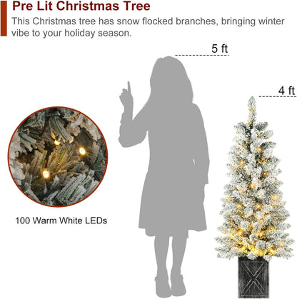 Set of 2 Christmas Trees with Lights 4-FT Artificial Potted Porch Snow Flocked Christmas Tree Battery Powered with 8 Modes and Timer for Indoor Outdoor